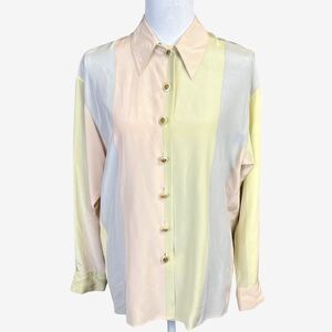 Louis Feraud silk blouse pastel stripes pink blue pointed collar VTG size 6